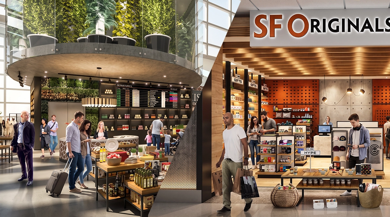 Airport commercial spaces and retail concessions 3D rendering