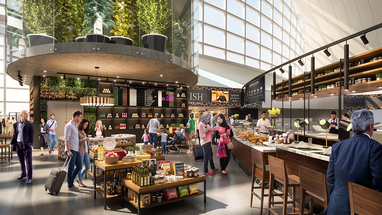 airport gourmet food market dining hall 3d architectural rendering