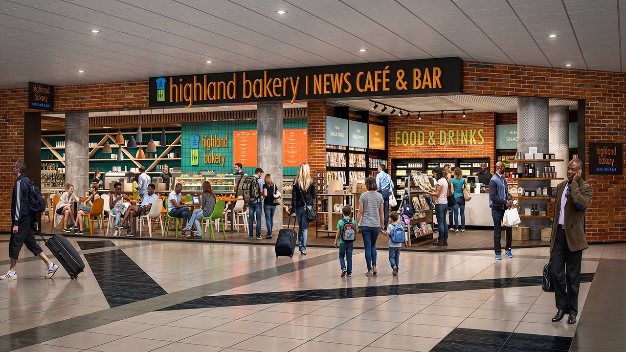 highland bakery news cafe bar airport interior 3d rendering