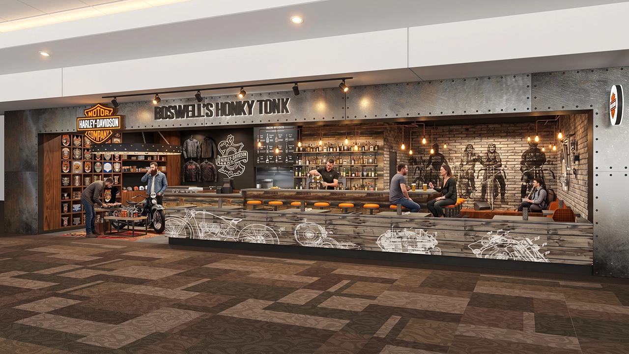 boswells honky tonk harley davidson bar airport concourse render