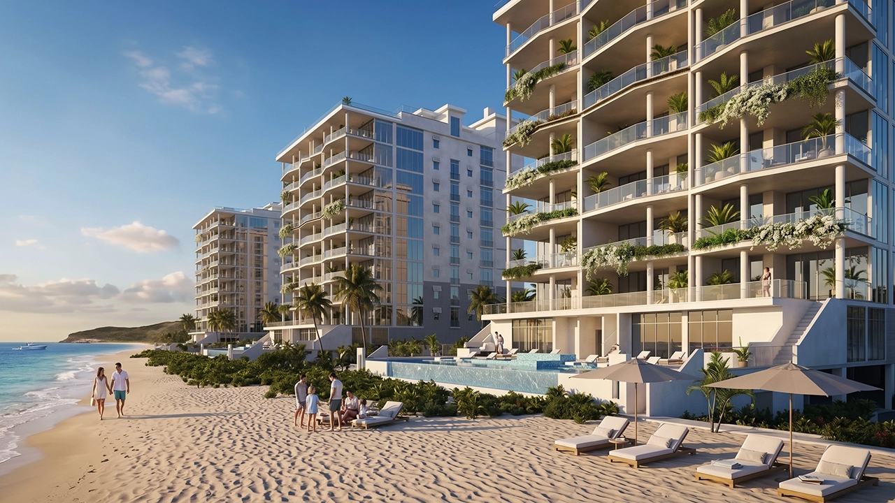 Seven Mile Beach Condos - Render 3D Fachada de Condominios de Lujo Frente al Mar