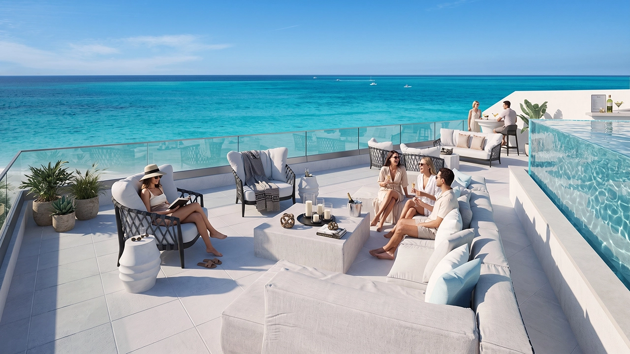 Seven Mile Beach Condos - Render 3D Piscina Infinita con Vista al Mar Caribe