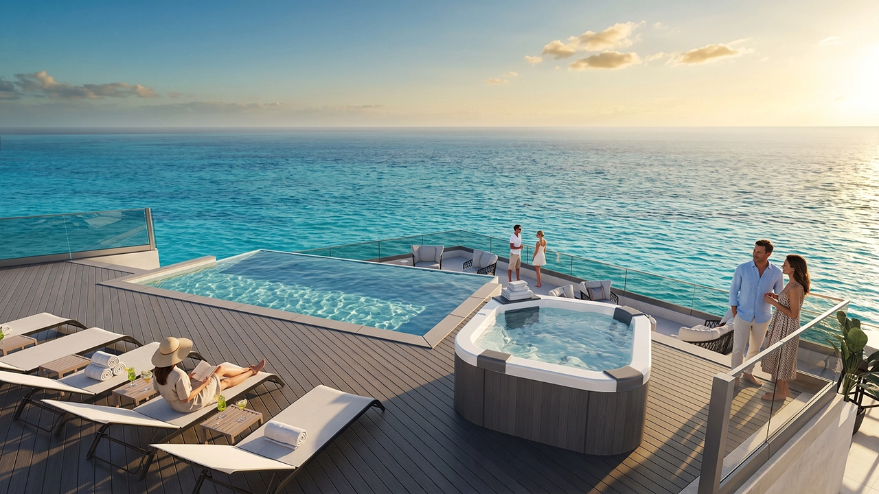 Seven Mile Beach Condos - Visualizacion de Terraza y Solarium Junto a la Piscina