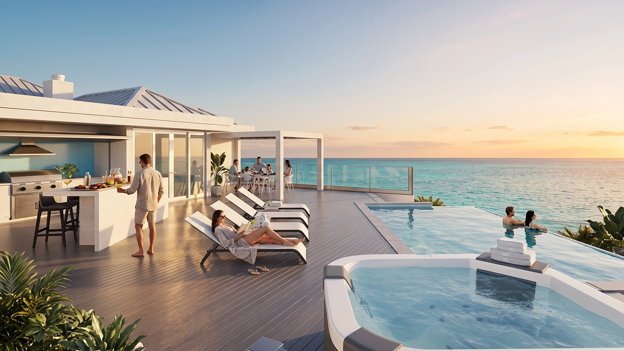 Seven Mile Beach Condos - Visualizacion Piscina y Jardines Tropicales