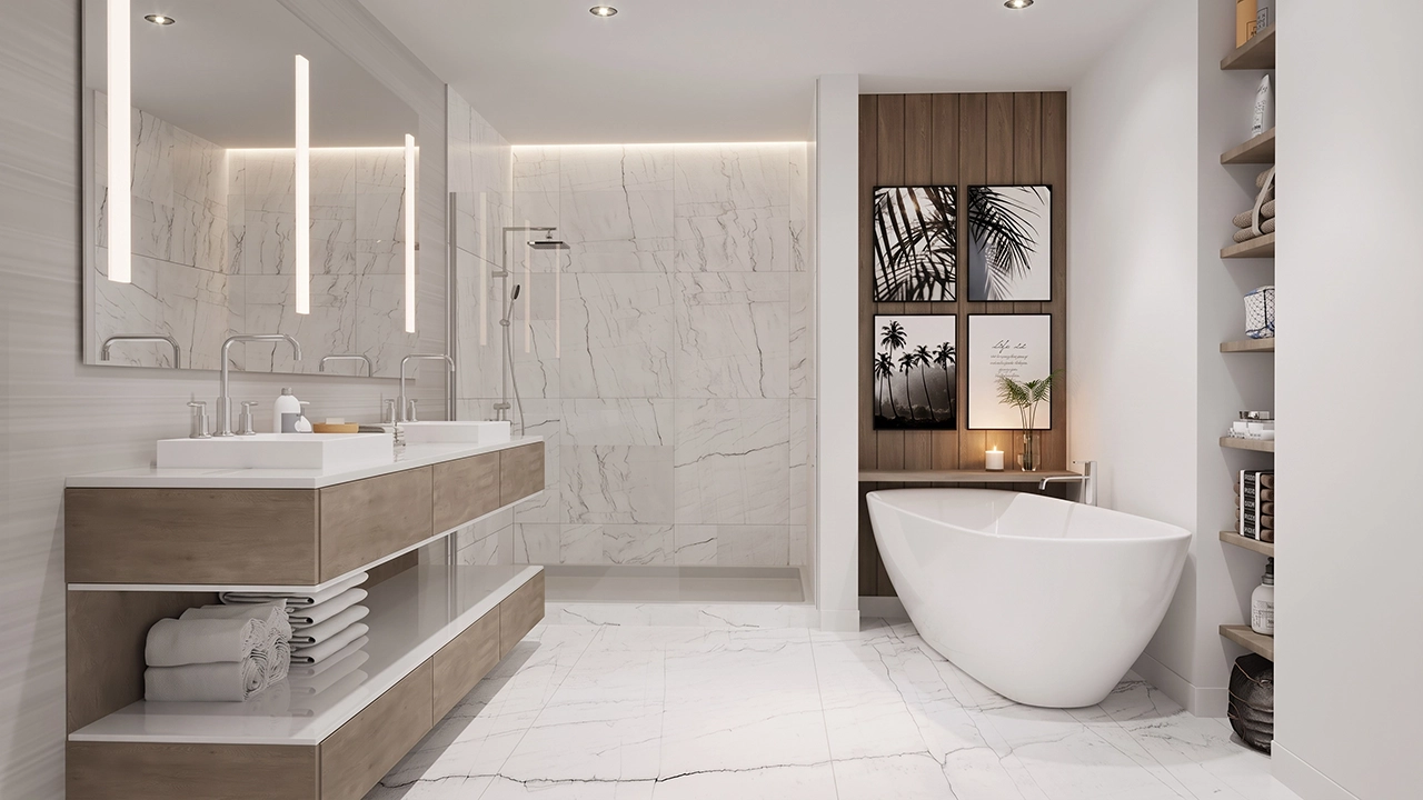 Seven Mile Beach Condos - Render 3D Bano de Estilo Spa con Revestimientos de Mármol