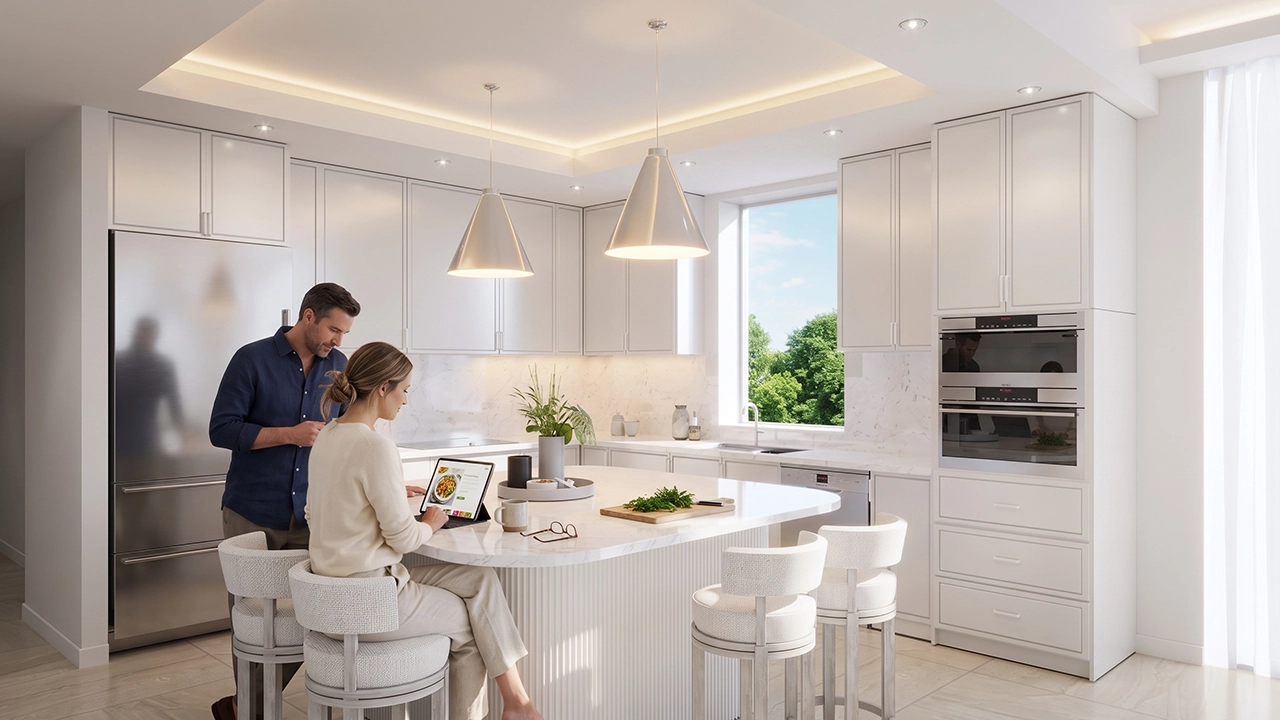 Seven Mile Beach Condos - Render 3D Cocina de Diseno con Isla y Terminaciones Premium