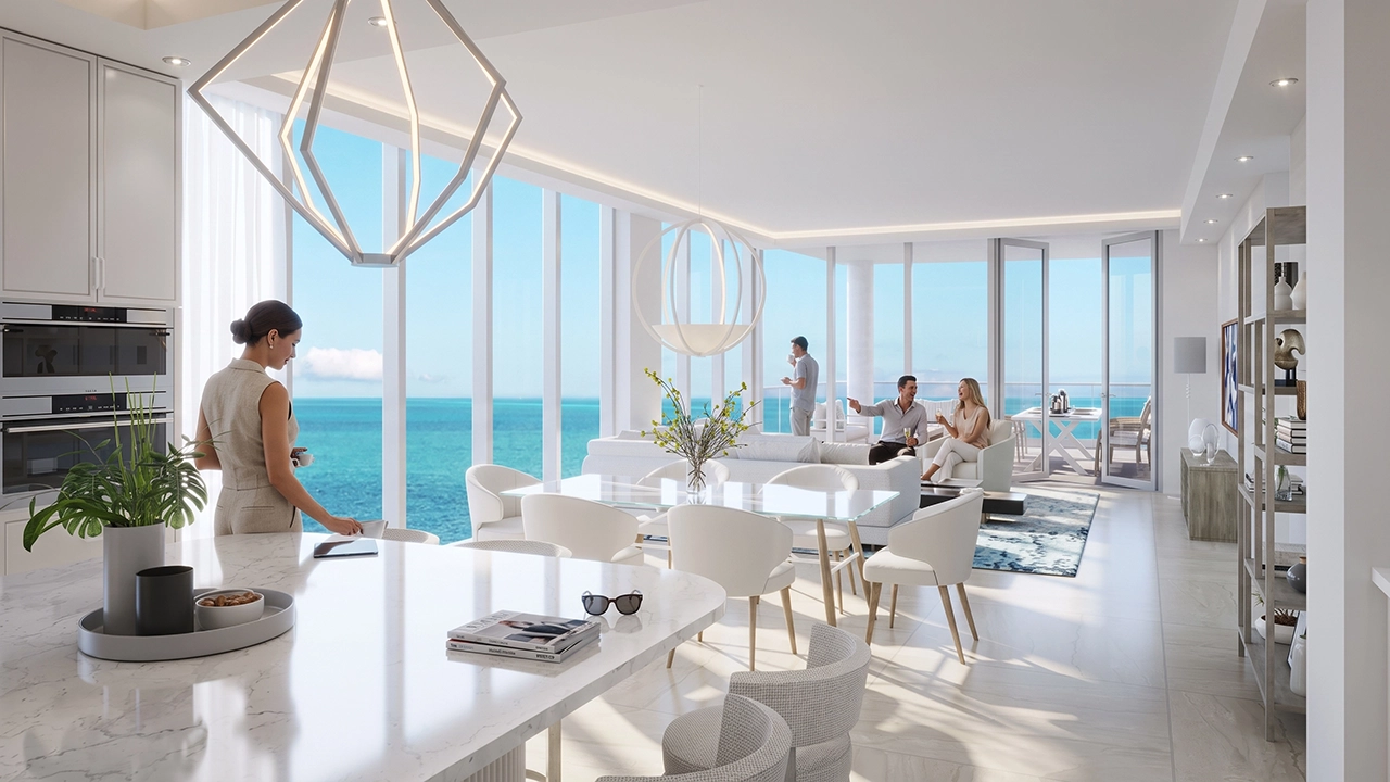Seven Mile Beach Condos - Visualizacion de Living Comedor Contemporaneo