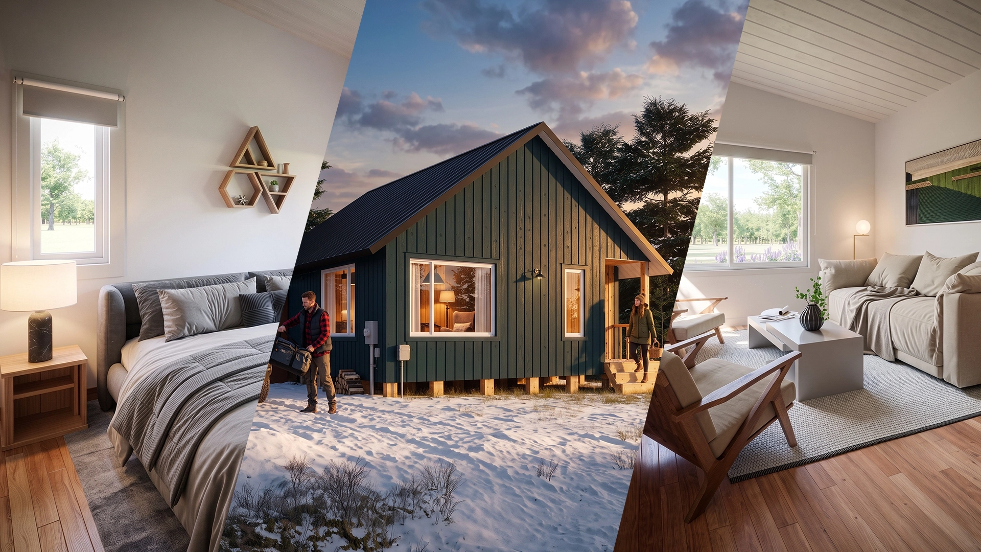Render 3D Garabí Casas - Arquitectura sustentable modular en madera Wood Frame, Argentina