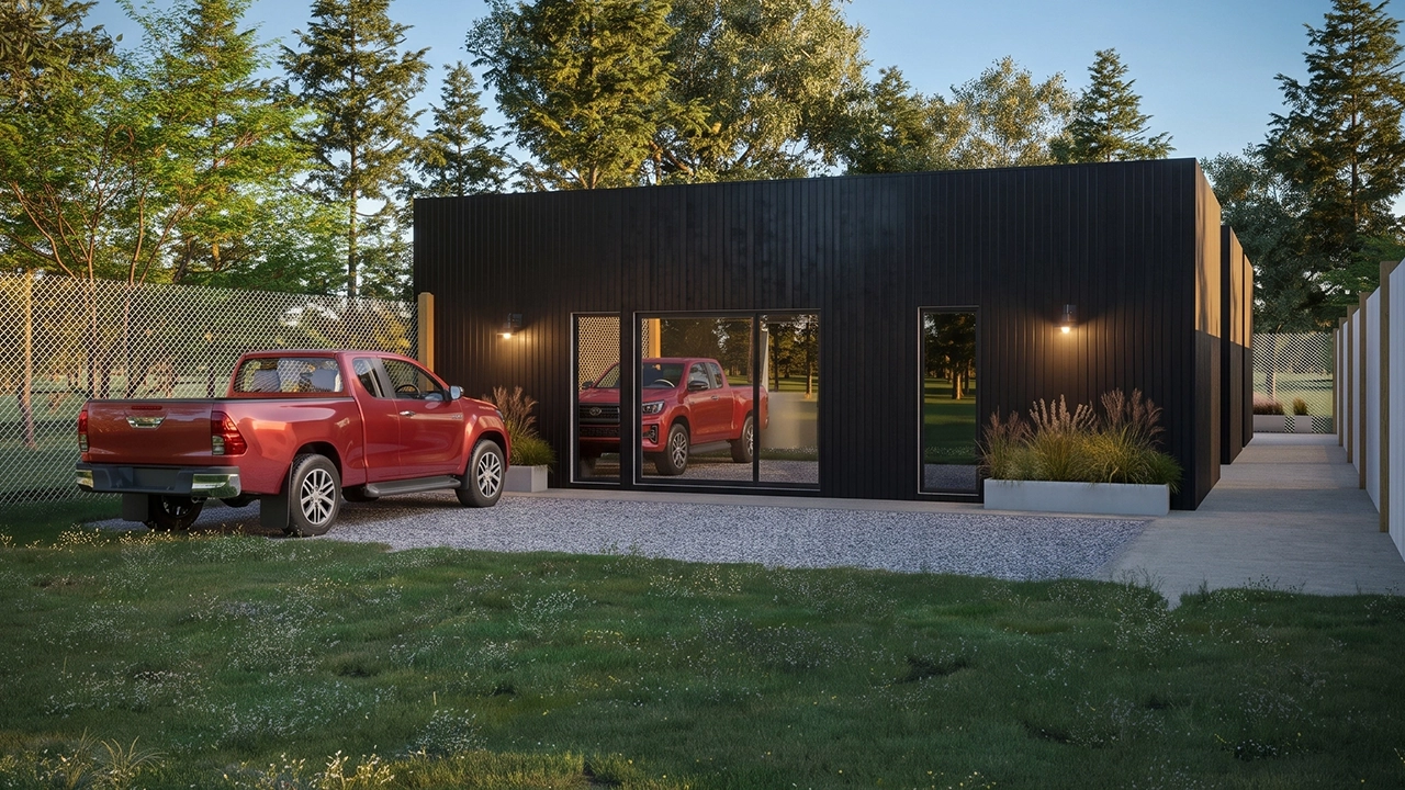 Garabi Casas - Daytime Exterior View Prefabricated Timber Residence 3D Visualization