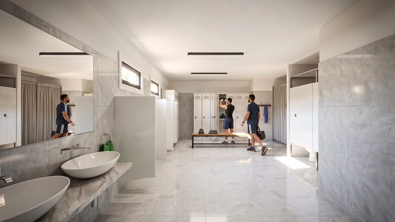 Garabi Casas - Office Changing Rooms and Restroom Facilities 3D Rendering